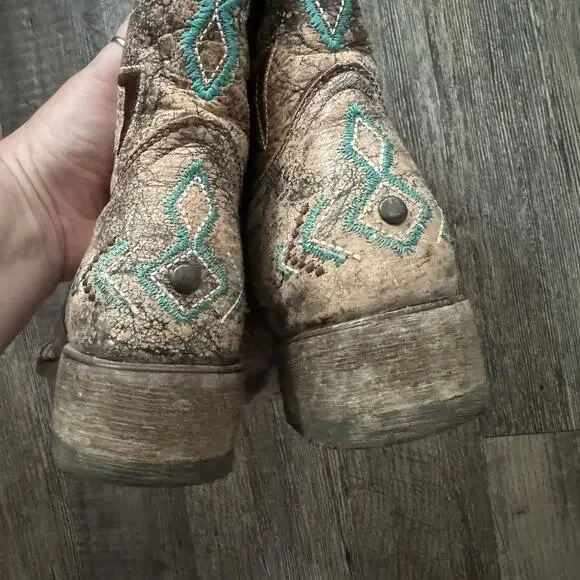 Corral Boots Vintage Aztec Bronze Turquoise Western Cowboy Boots E1052 Girls 3.5 - Picture 3 of 9